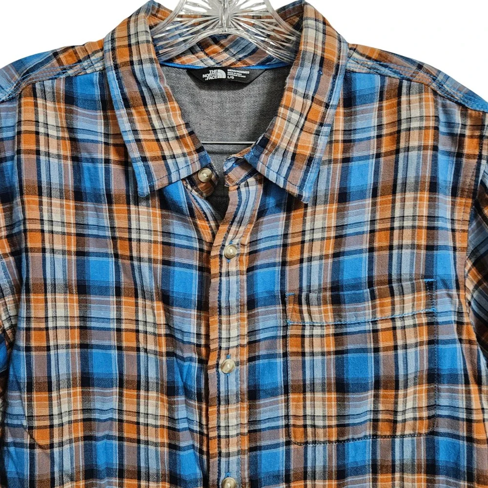 The North Face Shirt Mens Lg Blue Orange Plaid Short Sleeve Button Up Gauzy